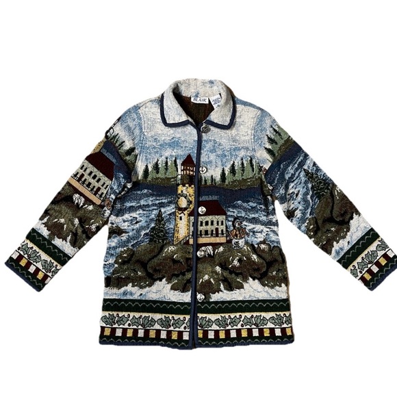 VTG 90s Blair Holiday Lighthouse Snowman Tapestry Jacket Nautical Anchor Medium - Picture 14 of 14